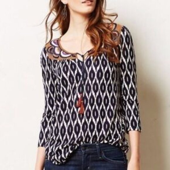 Common Thread Anthropologie Ikat Patterned Tunic Blouse Top Large - Picture 1 of 8